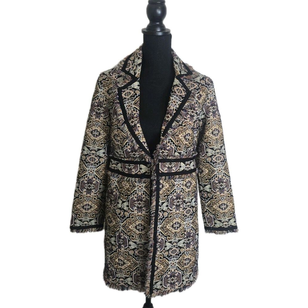 Chico's Jacquard Tapestry Jacket Size 00 US Size 0/2 Long Line Boho Metallic